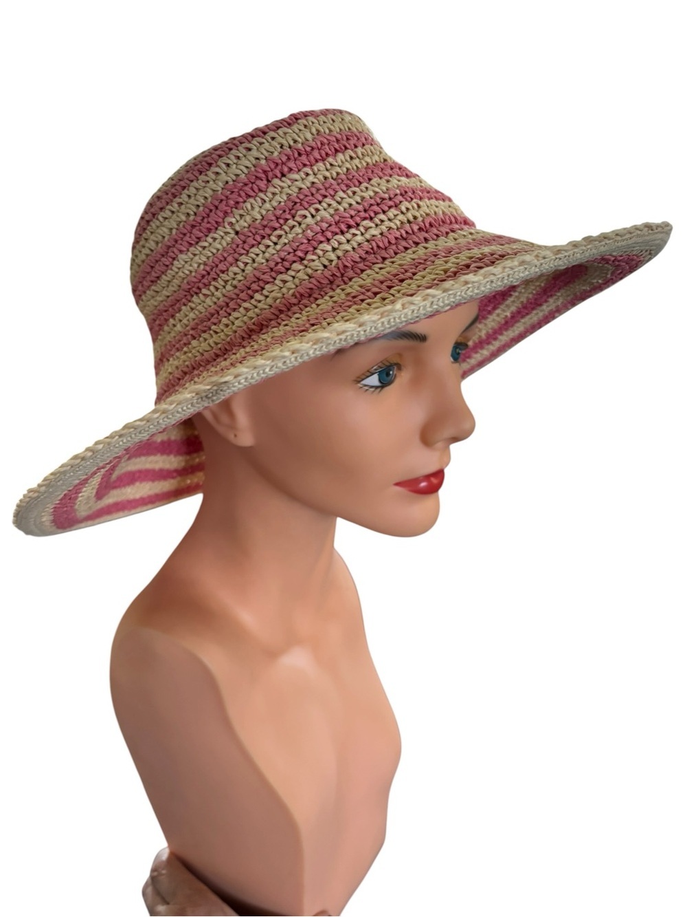 Route 66 Pink Tan Floppy Boho Sun Hat Straw Crochet Striped OSFM Coquette Girl